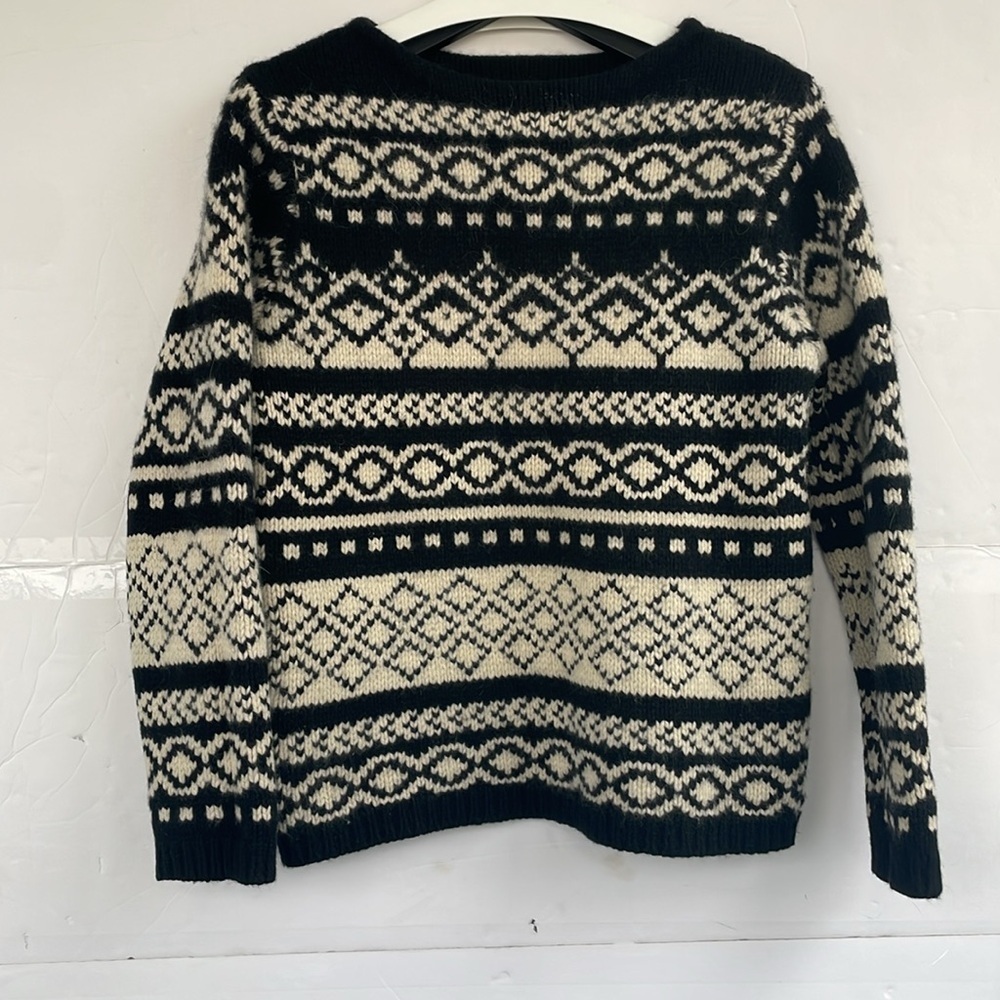 Eddie Bauer Womens Chunky Knit Black Cream Lambswool Angora Blend Sweater Medium - Picture 13 of 17